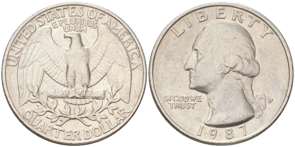 США 25 центов = квотер = 1/4 доллара 1987 P, Вашингтон KM 164a медь плакированная медно-никелем 4159-544