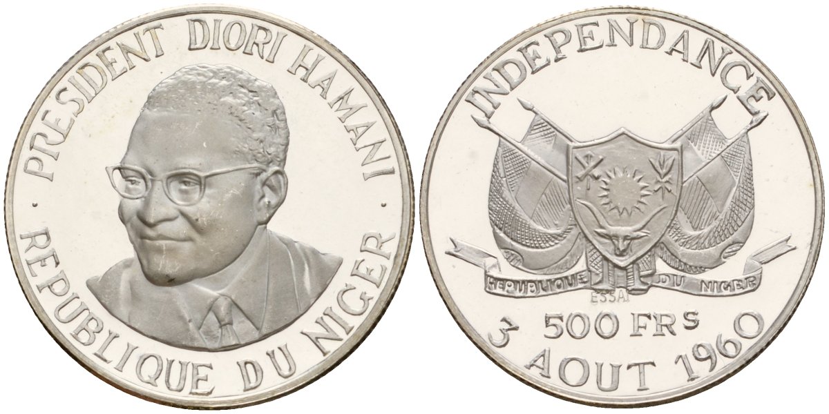 Нигер 500 франков 1960 ESSAI, президент Амани Диори (Hamani Diori), независимость KM E5 серебро PROOF 1099-3-41