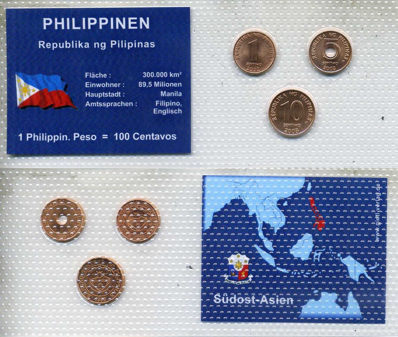 Филиппины набор из 3 монет (1, 5 и 10 сентимо) 2002 и 2005 в красочном блистер, в запайке KM 273, 268 и 270 UNC 4-3-2-58