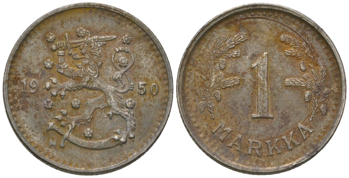 Финляндия 1 марка 1950 H KM 30b железо 4173-953