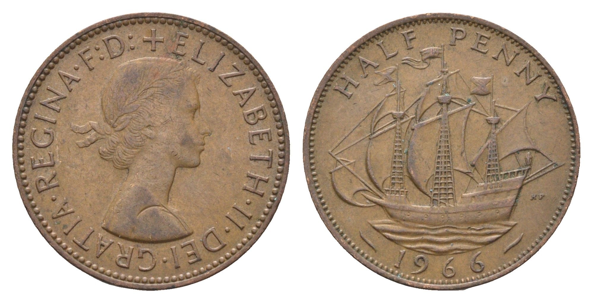 Великобритания 1/2 пенни 1966 Елизавета II (1952-2022) KM 896, Spink 4158 бронза 4663-122