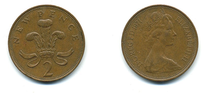 Великобритания 2 пенса 1971 Елизавета II (1952-2022) КМ 916, Spink 4235 (C1) бронза 4110-637