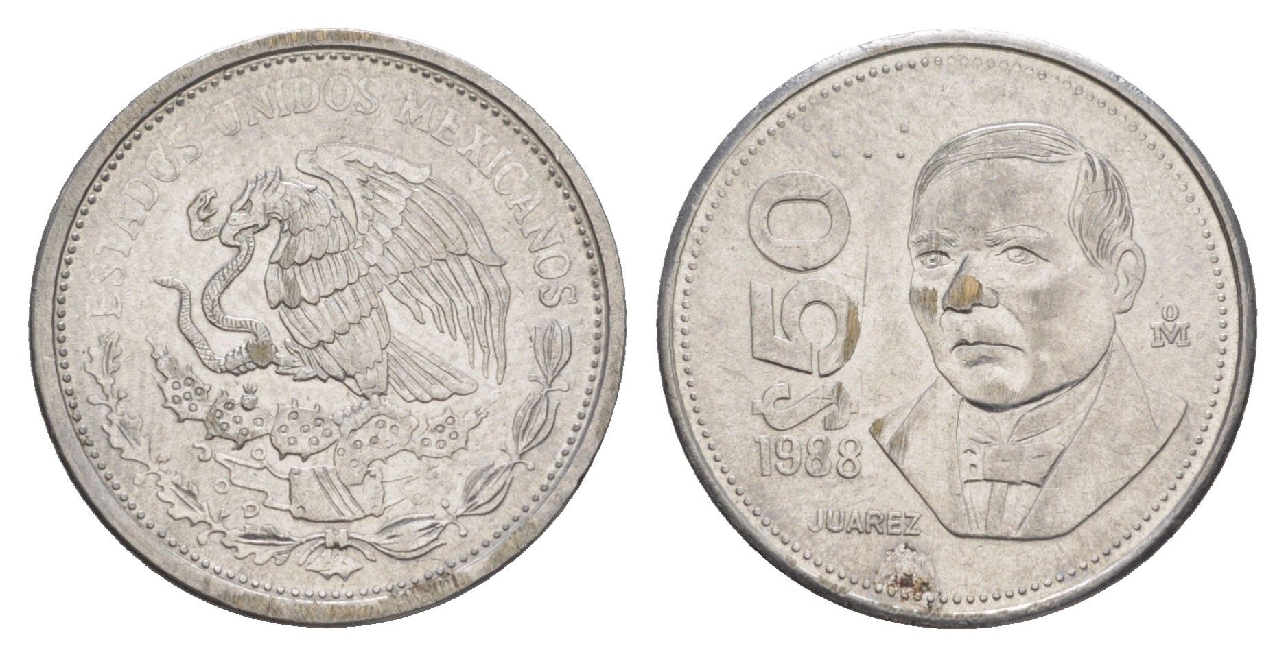 Мексика 50 песо 1988 Mo, новый тип, гурт гладкий KM 495a нержавеющая сталь aUNC 4637-747