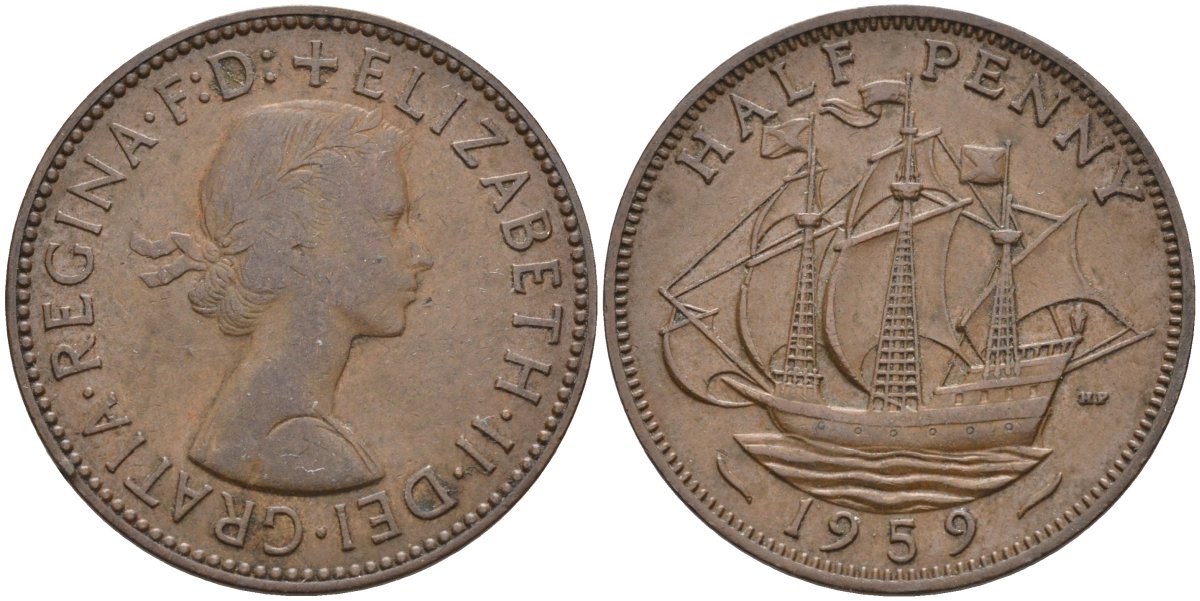 Великобритания 1/2 пенни 1959 Елизавета II (1952-2022) KM 896, Spink 4158 бронза 4587-845