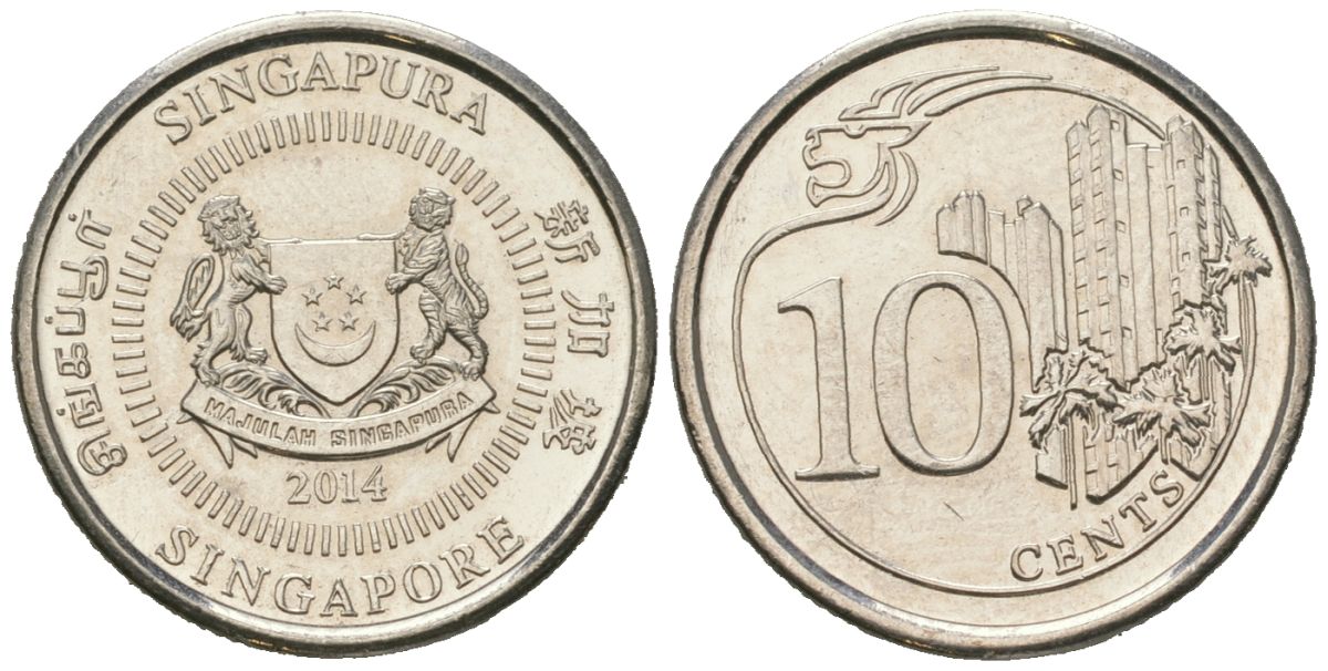 Сингапур 10 центов 2014 KM 346 сталь плакированная никелем aUNC 4618-823
