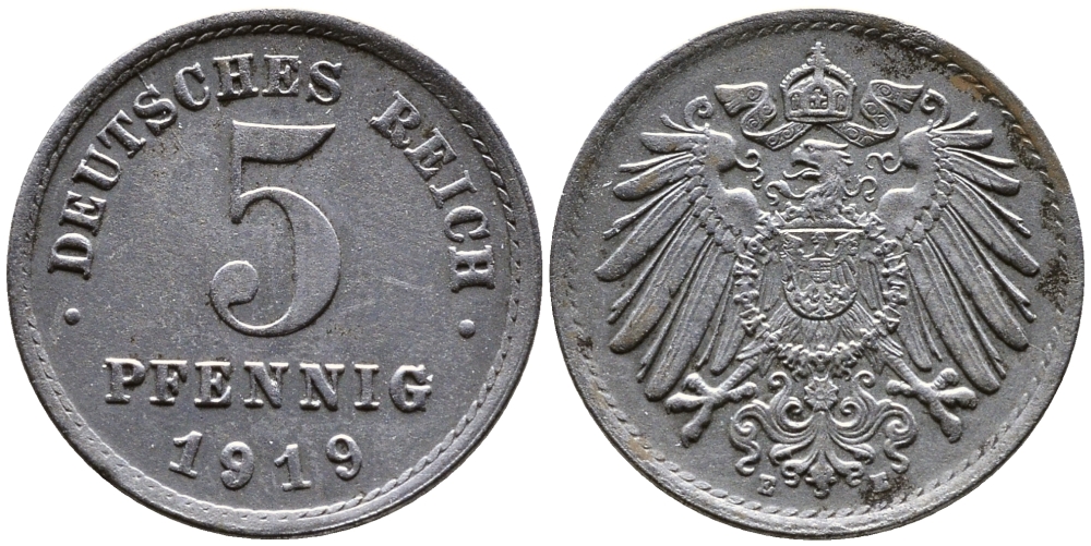 ГЕРМАНИЯ 5 ПФЕННИГОВ 1919 E KM 19, J. 297 железо 4387-754