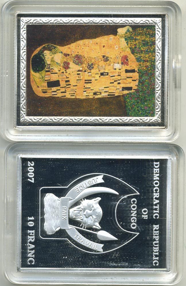 Конго 10 франков 2007 серия шедевры мировой живописи, ГУСТАВ КЛИМТ, ПОЦЕЛУЙ, серебрение, размер 35Х46 мм., цветная эмаль медно-никель PROOF M43-17