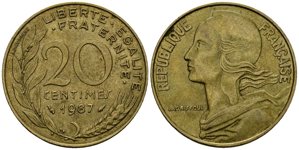 Франция 20 сантимов 1987 тип Marianne KM 930 медь алюминий никель 4135-626