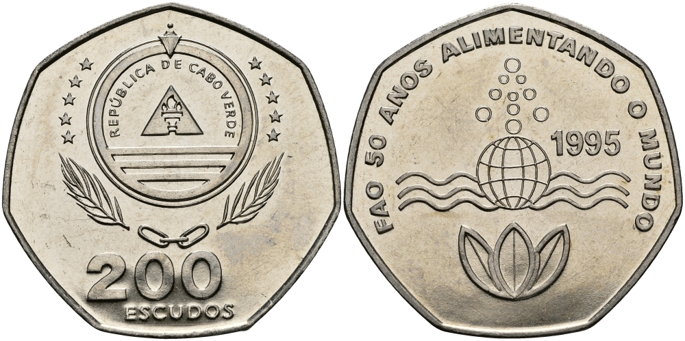 Кабо-Верде 200 эскудо 1995 50 лет FAO KM 34 медно-никель UNC 3333-926