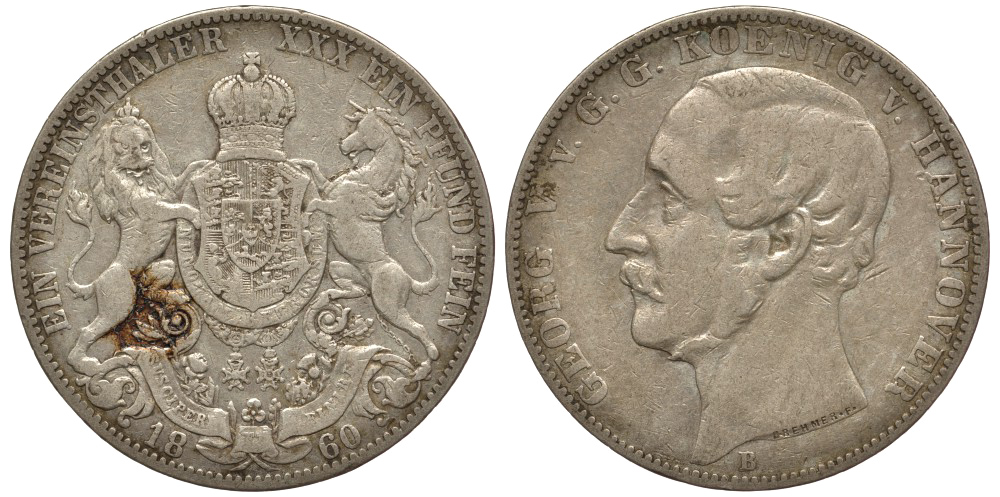 Брауншвейг-Каленберг-Ганновер 1 талер 1860 В, Георг V (1851-1866) КМ 230, AKS 144, Dav. 682, Kahnt 239, Thun 174 серебро 00-1067-10-13