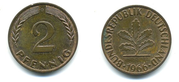 ФРГ 2 пфеннига 1966 G KM106, J.381 бронза 3999-1122