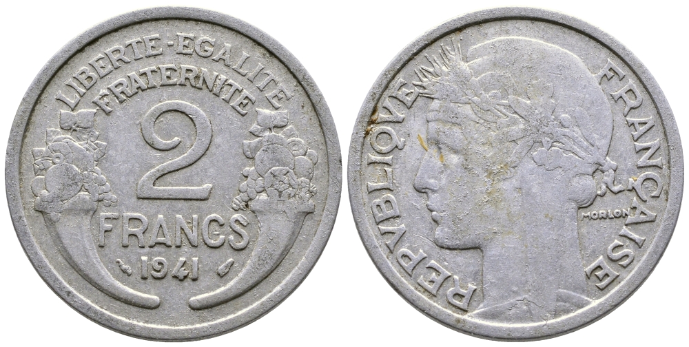 ФРАНЦИЯ 2 ФРАНКА 1941 KM 886а.1 алюминий 80-1245