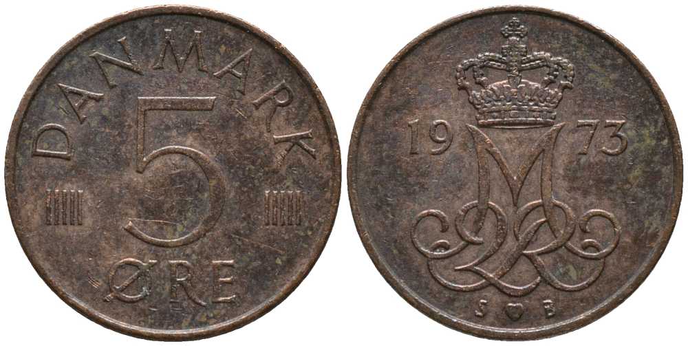 Дания 5 эре 1973 S; B, Маргрете II (1972- ) KM 859.1 железо плакированное медью 116-113