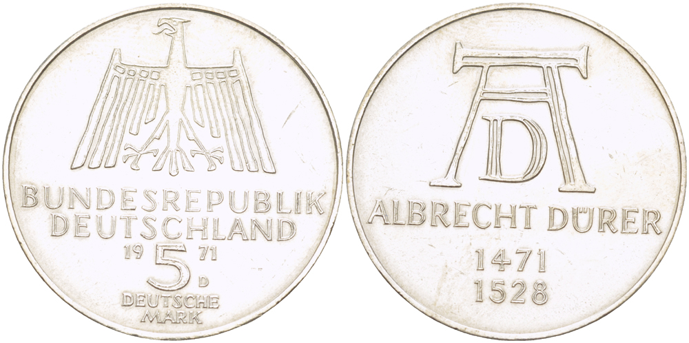 ФРГ 5 марок 1971 D, 500 лет со дня рождения Альбрехта Дюрера KM 129, J. 410 серебро 413-1342