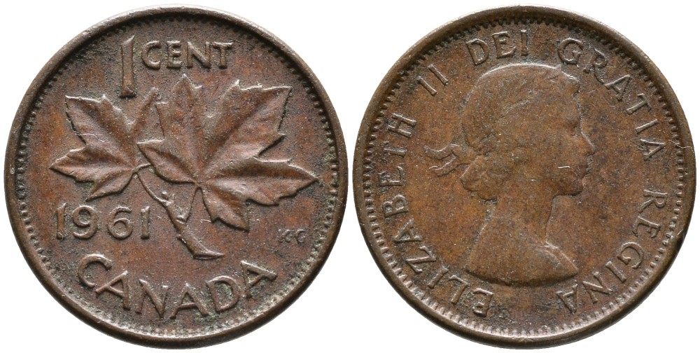КАНАДА 1 ЦЕНТ 1961 ЕЛИЗАВЕТА II (1952-), КЛЕНОВЫЙ ЛИСТ, ПЕРВЫЙ ПОРТРЕТ KM 49 бронза 4528-719
