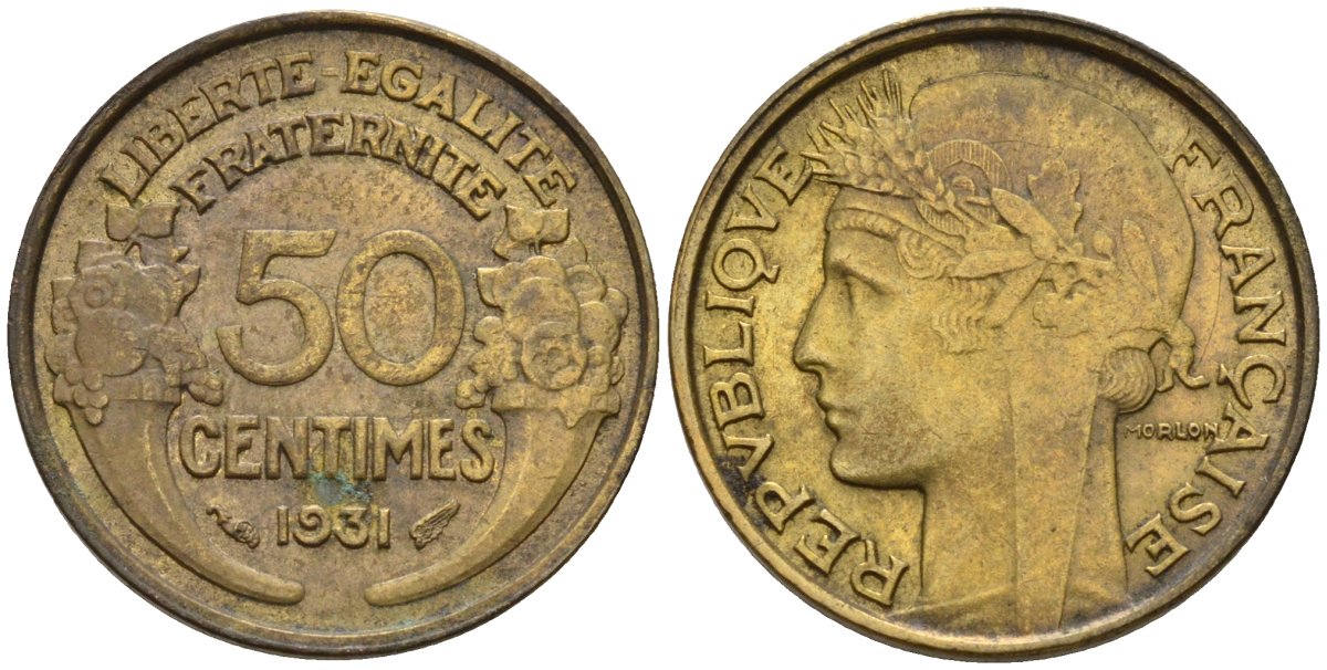Франция 50 сантимов 1931 KM 894.1, Le Franc 192.15 алюминиевая бронза 4596-733