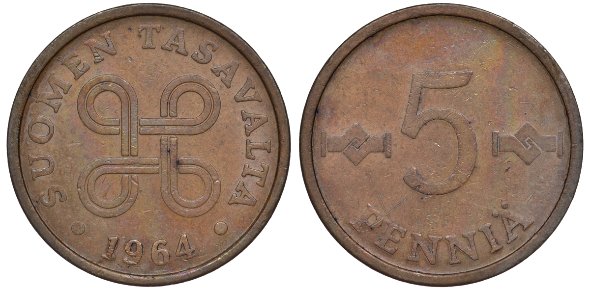 ФИНЛЯНДИЯ 5 ПЕННИ 1964 KM 45 медь 3334-1046