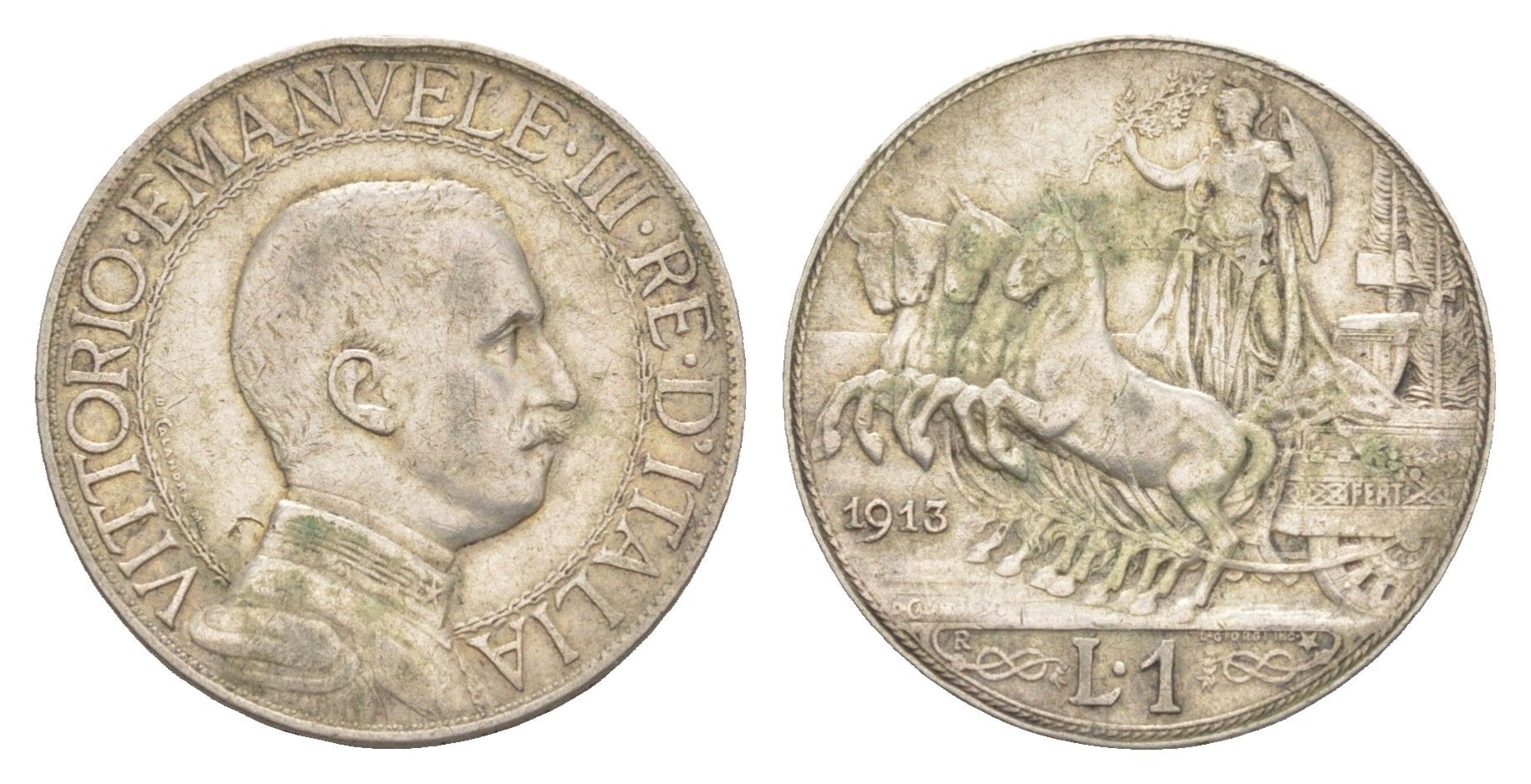 Италия 1 лира 1913 R, Виктор Эммануил III (1900-1946) KM 45 серебро 4178-437