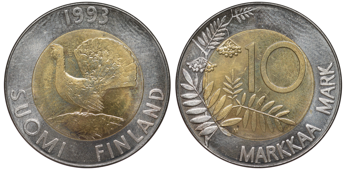 ФИНЛЯНДИЯ 10 МАРОК 1993 ГЛУХАРЬ KM 77 биметалл UNC 3334-835