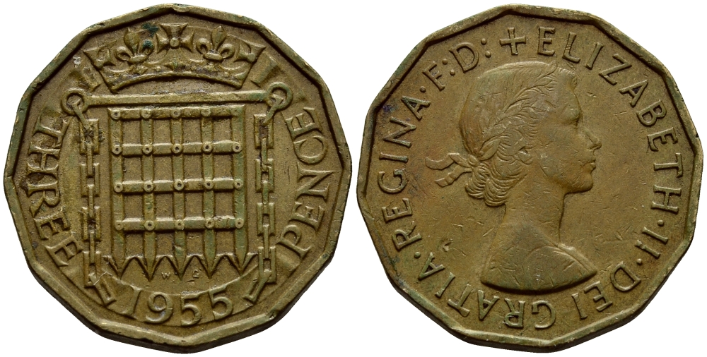 Великобритания 3 пенса 1955 Елизавета II (1952-2022) KM 900, Spink 4153 никель латунь 4393-1146