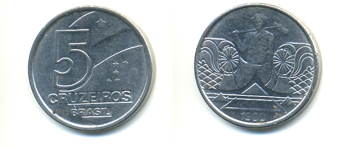 Бразилия 5 крузейро 1990 фермер KM 618.1 нержавеющая сталь aUNC 93-627
