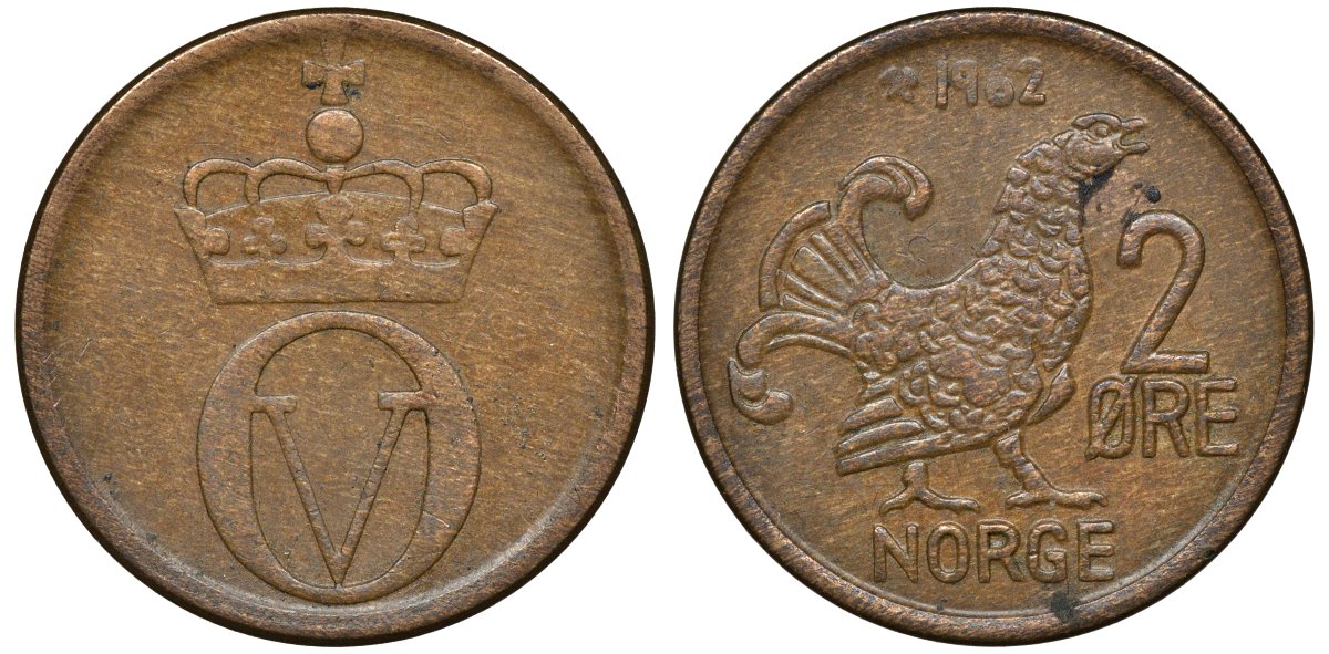 НОРВЕГИЯ 2 ЭРЕ 1962 КУРИЦА, УЛАФ V (1957-1991) KM 410 бронза 72-1333