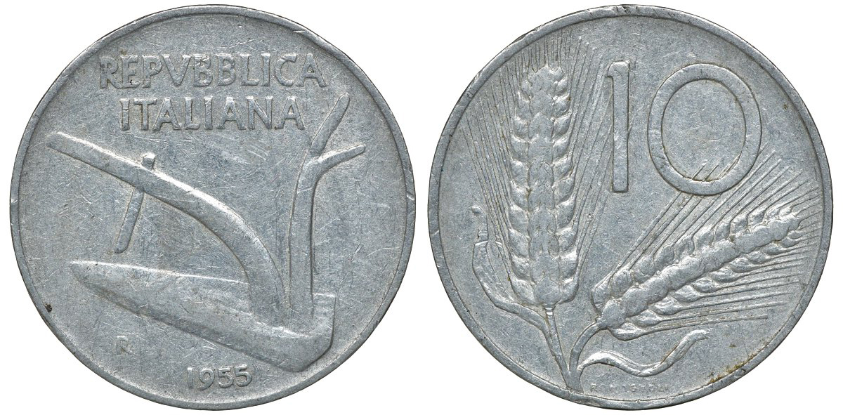 ИТАЛИЯ 10 ЛИР 1955 R, КОЛОСЬЯ, ПЛУГ KM 93 алюминий 72-947