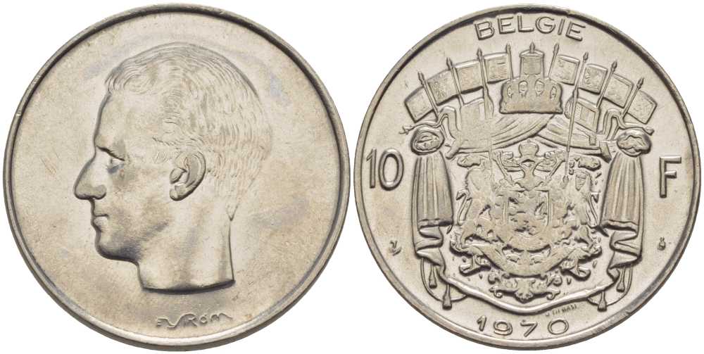 БЕЛЬГИЯ 10 ФРАНКОВ 1970 BELGIE, БОДУЭН I (1951-1993) KM 156.1 никель 213-441