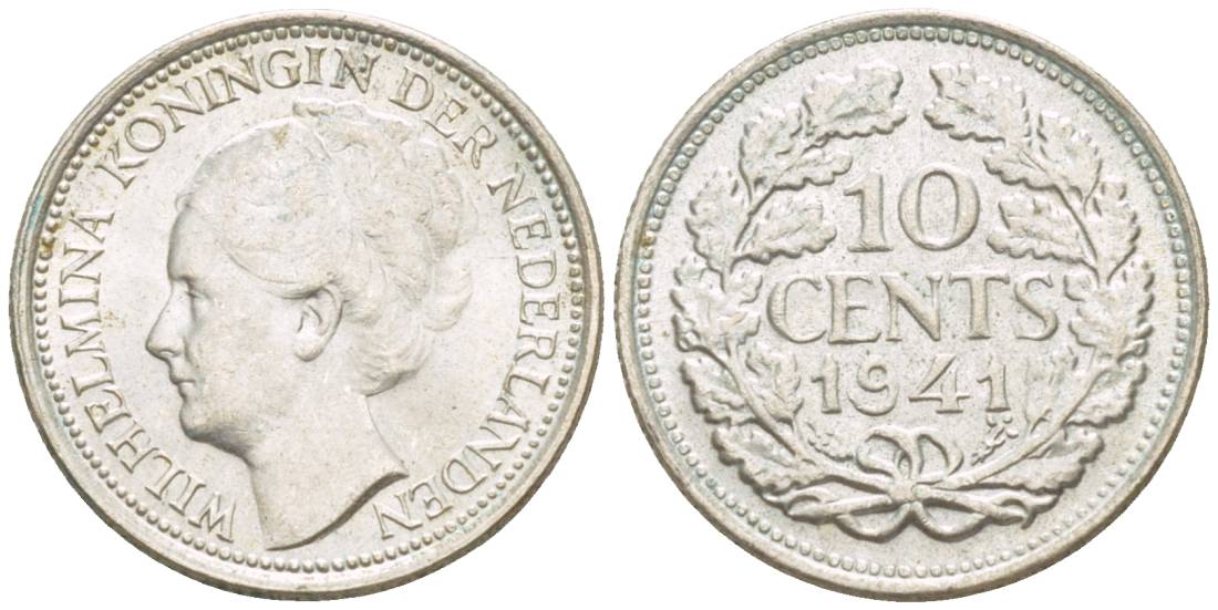 Нидерланды 10 центов 1941 Вильгельмина I (1890-1948) КМ 163 серебро UNC 4532-1168