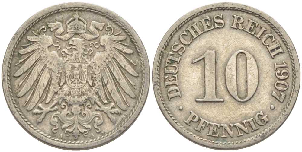 Германия 10 пфеннигов 1907 A KM 12, J. 13 медно-никель 210-646