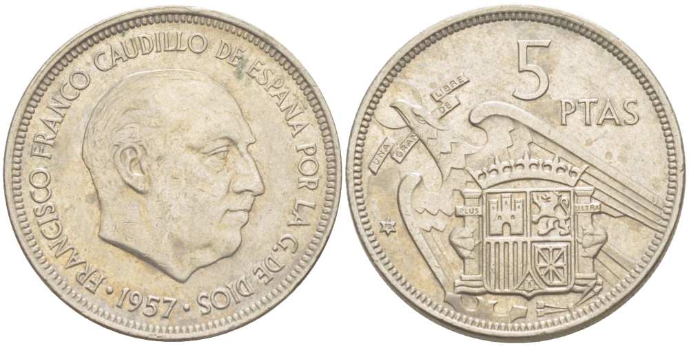 ИСПАНИЯ 5 ПЕСЕТ 1957 (70) ФРАНСИСКО ФРАНКО ДИКТАТОР ИСПАНИИ (1939-1975) KM 786 медно-никель 210-1121