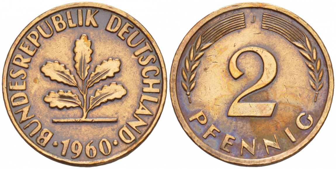 ФРГ 2 ПФЕННИГА 1960 J KM 106, J. 381 бронза 4532-1257