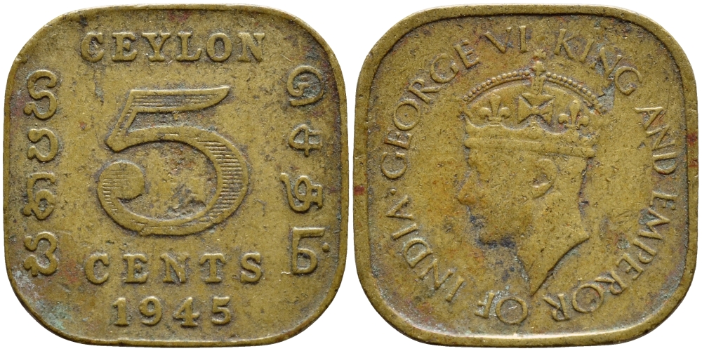 ЦЕЙЛОН 5 ЦЕНТОВ 1945 ГЕОРГ VI KM 113.2 никель латунь 4392-1369