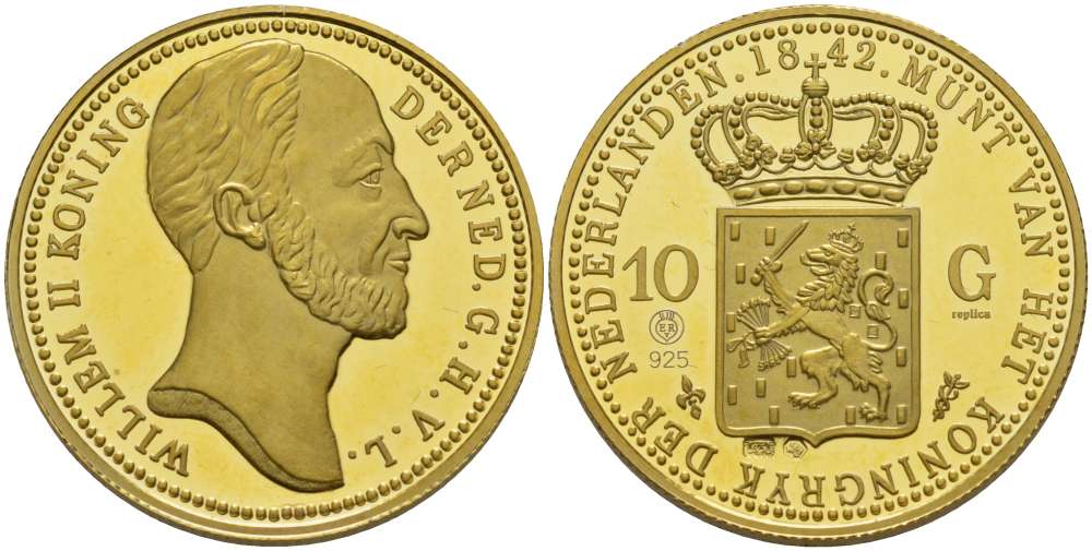 Нидерланды медаль ND 10 гульденов 1842, Виллем II король Нидерландов, официальная реплика, диаметр 26 мм., вес 9,97 гр., позолота  серебро  PROOF  11-117-43