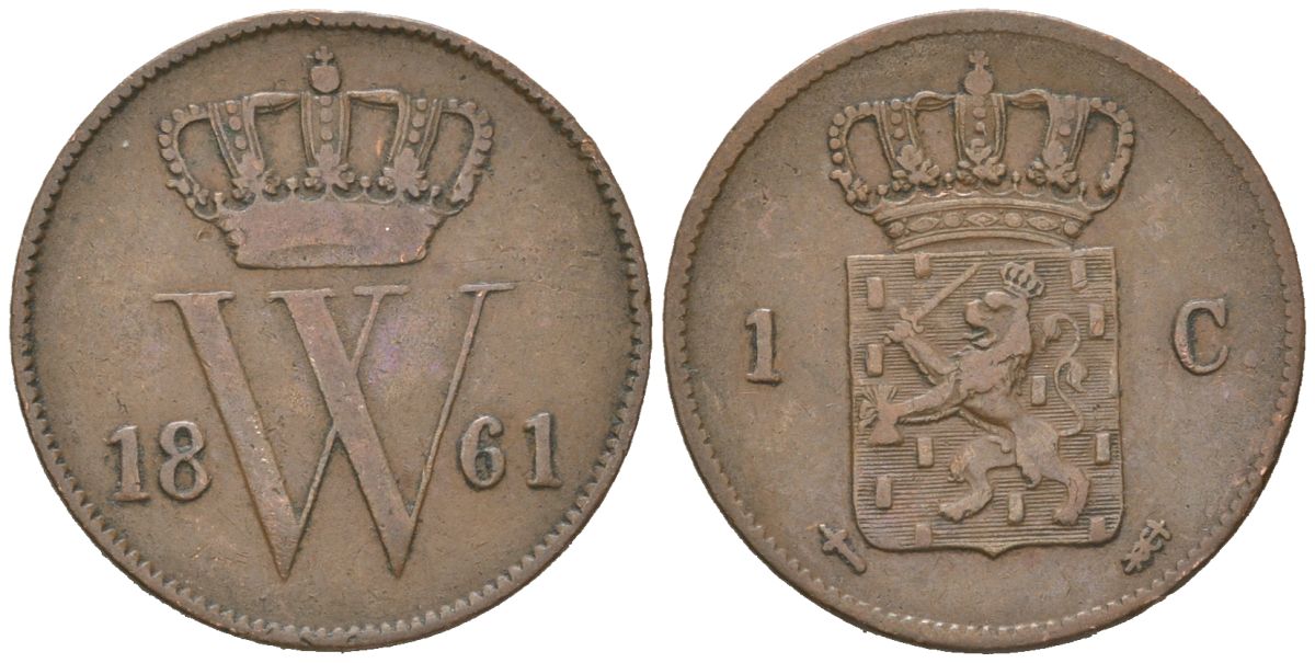 Нидерланды 1 цент 1861 Виллем III (1849-1890) KM 100 медь 4181-1219