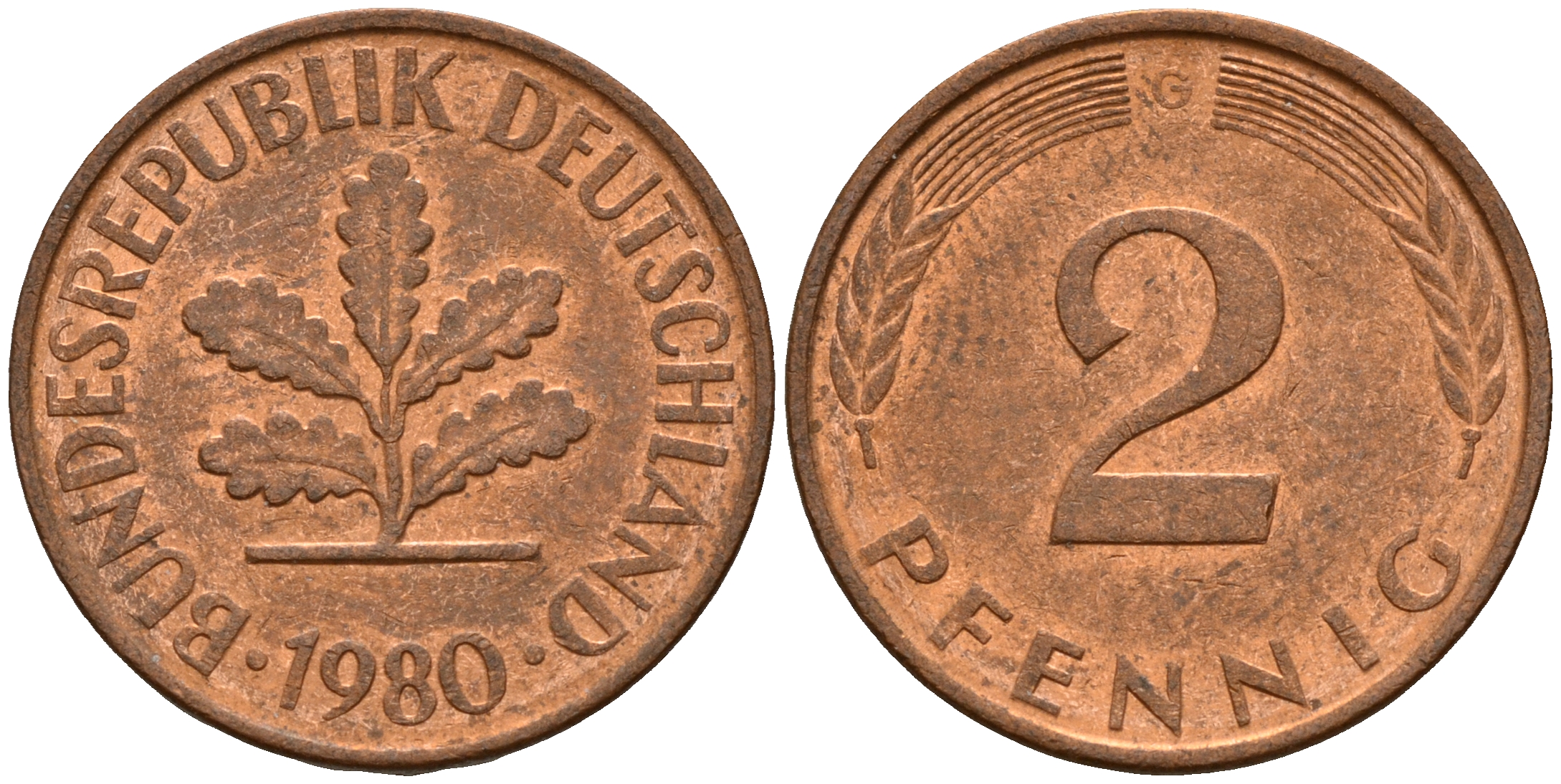 ФРГ 2 пфеннига 1980 G J.381a, KM 106a сталь плакированная медью    4598-854