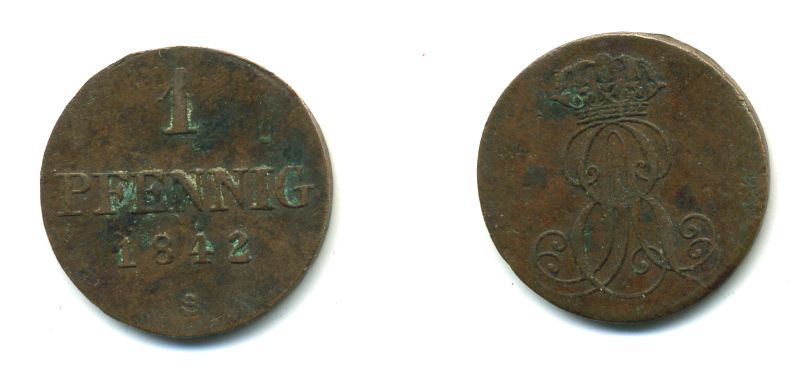 Ганновер 1 пфенниг 1842 S, Эрнст Август (1837-1851) KM 173.3, AKS 128, J. 54 медь 35-125