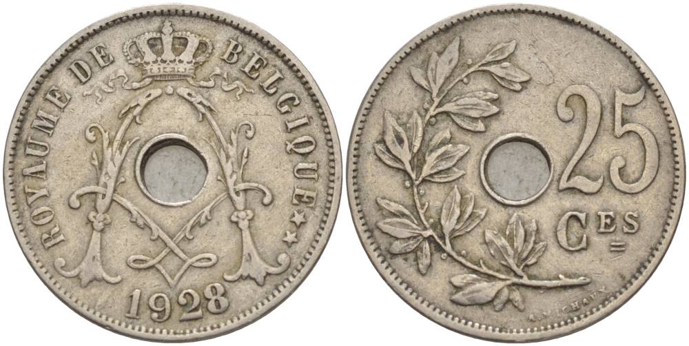 БЕЛЬГИЯ 25 САНТИМОВ 1928 BELGIQUE KM 68.1 медно-никель 4546-153