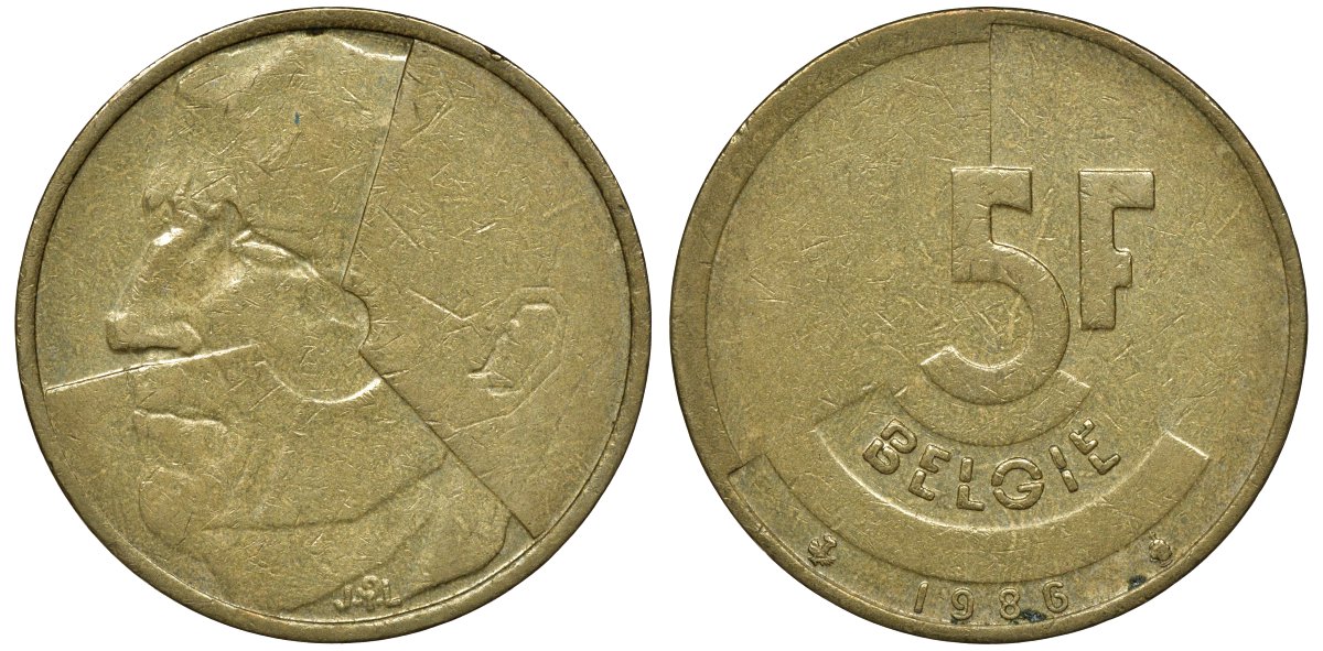 БЕЛЬГИЯ 5 ФРАНКОВ 1986 BELGIE KM 164 латунь или алюминиевая бронза 72-1221