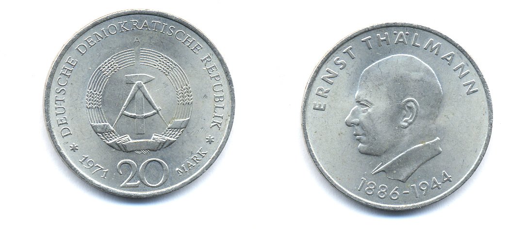 ГДР 20 марок 1971 A, 85 лет со дня рождения Эрнста Тельмана KM 34, J. 1535 медно-никель 3333-535