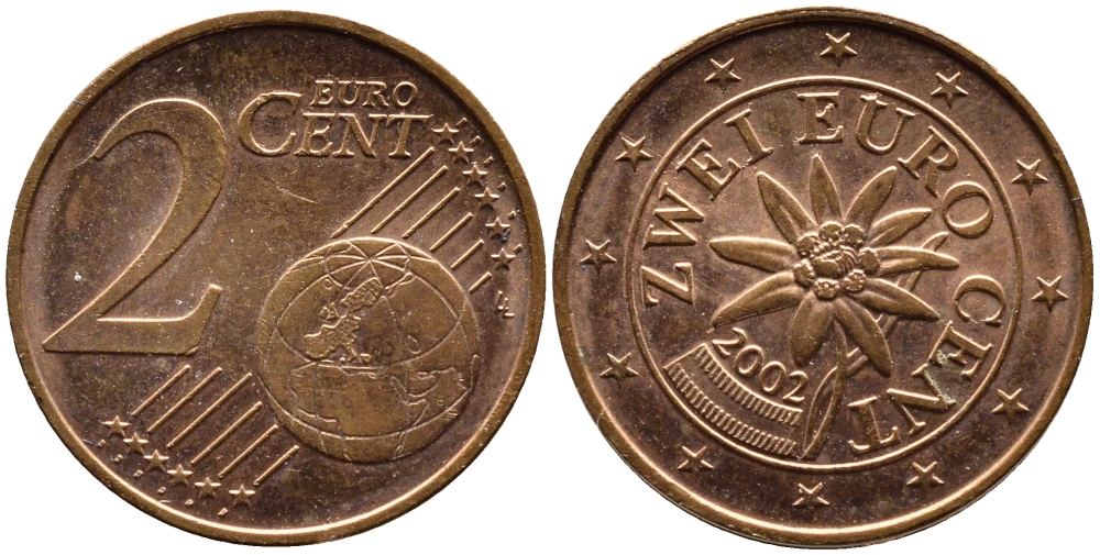 АВСТРИЯ 2 ЕВРОЦЕНТА 2002 KM 3083 сталь плакированная медью 3334-1149