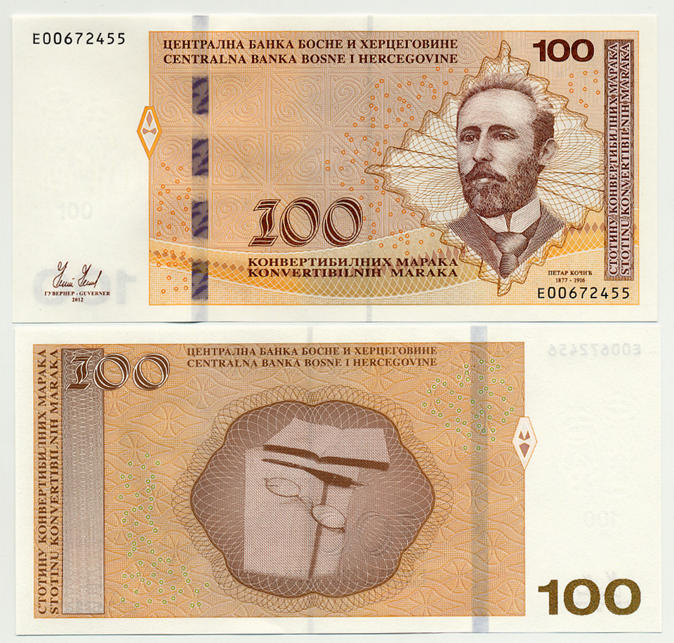 Босния и Герцеговина 100 марок 2012 кирилица - латиница, Петар Кочич (1877-1916) Pick 87А бумага UNC (пресс) 451-14-2