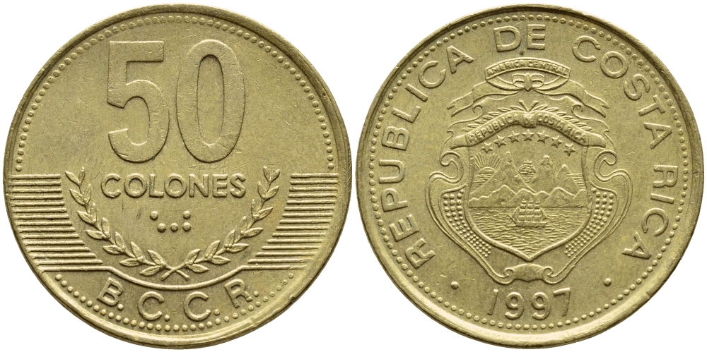 Коста-Рика 50 колонов 1997 B.C.C.R., год тип KM 231 латунь 3459-134