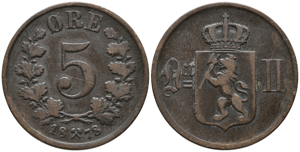 НОРВЕГИЯ 5 ЭРЕ 1878 KM 349 бронза 67-132