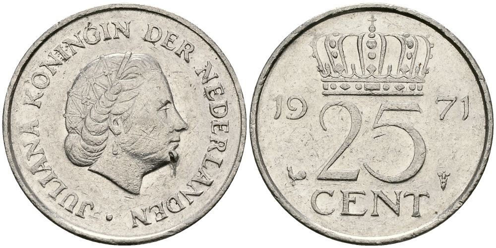 НИДЕРЛАНДЫ 25 ЦЕНТОВ 1971 ЮЛИАНА KM 183 никель 96-225