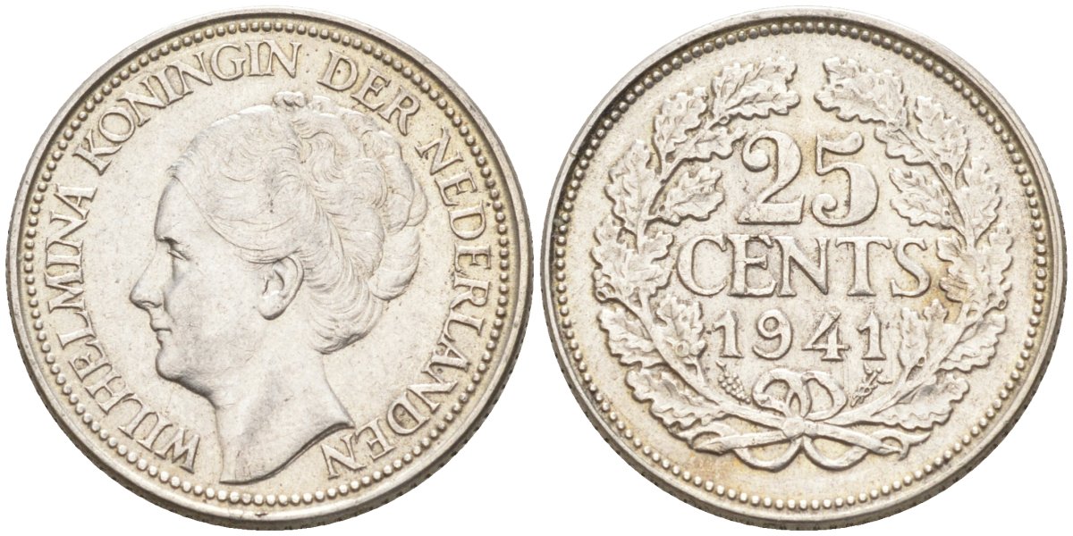Нидерланды 25 центов 1941 Вильгельмина (1890-1948) KM 164 серебро 94-742