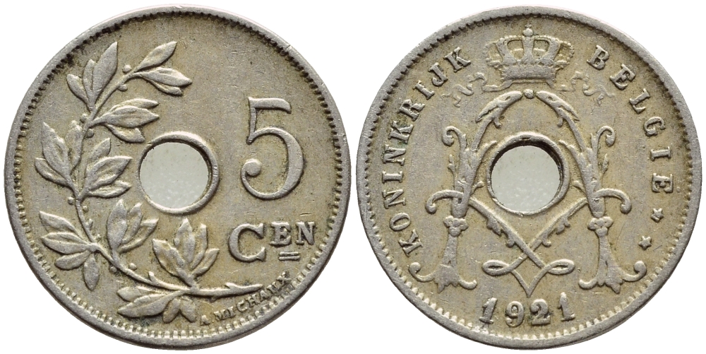 Бельгия 5 сантимов 1921/11 Belgie KM 67 медно-никель 4396-348