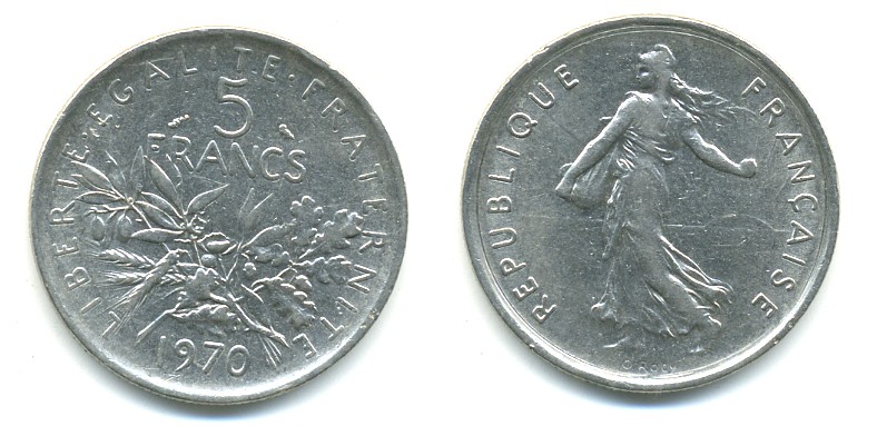 Франция 5 франков 1970 сеятель, тип Semeuse KM 926a.1, Le Franc 341.2 медно-никель плакированный никелем 57-916