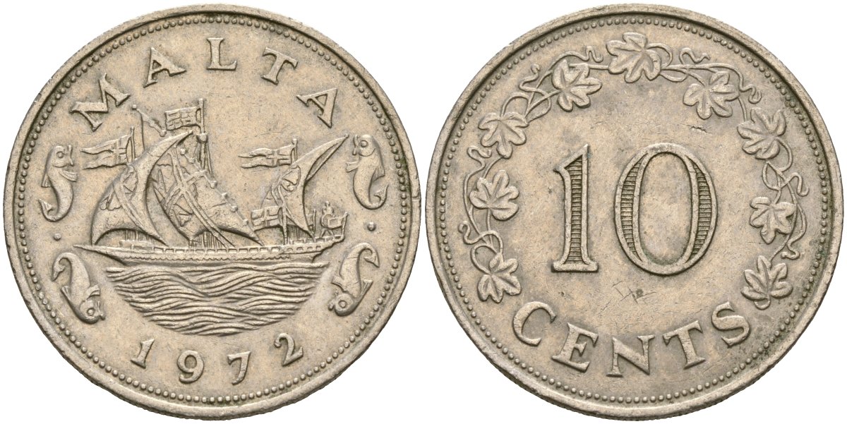 Мальта 10 центов 1972 баржа Великого магистра KM 11 медно-никель 4137-846