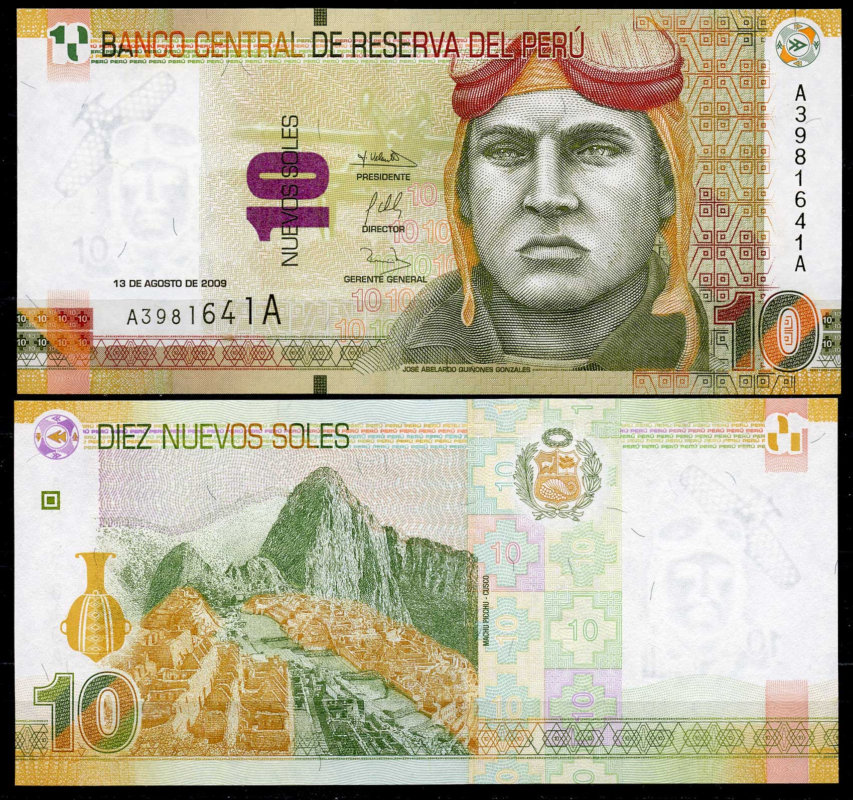 Перу 10 новых солей 2009 Хосе Киньонес Гонсалес (авиатор), Мачу-Пикчу Pick 182 бумага UNC (пресс) 447-72-4-2